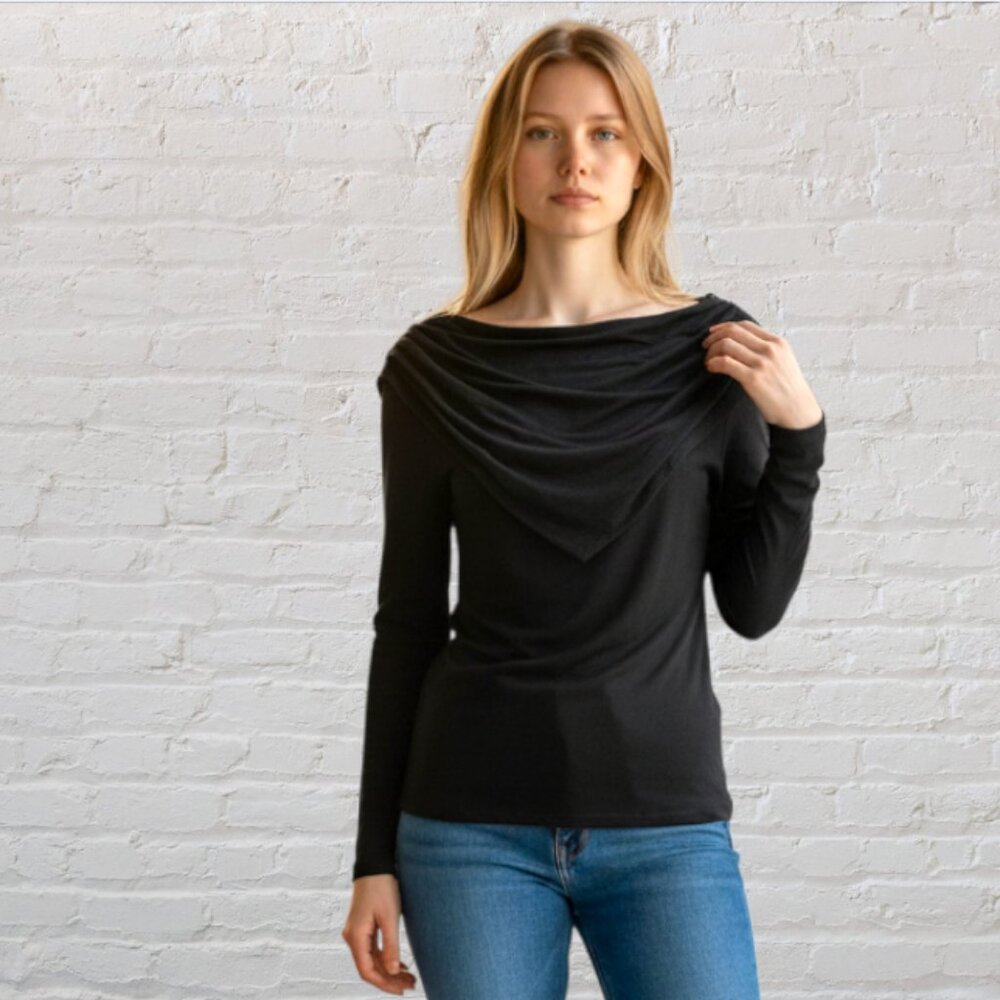 VINTAGE ADRIENNE VITTADINI -- Black Cowl/Scarf Top, Scarf Front-Back, Long Slv.